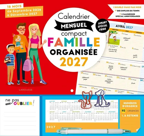 Calendrier mensuel compact famille organisée 2027